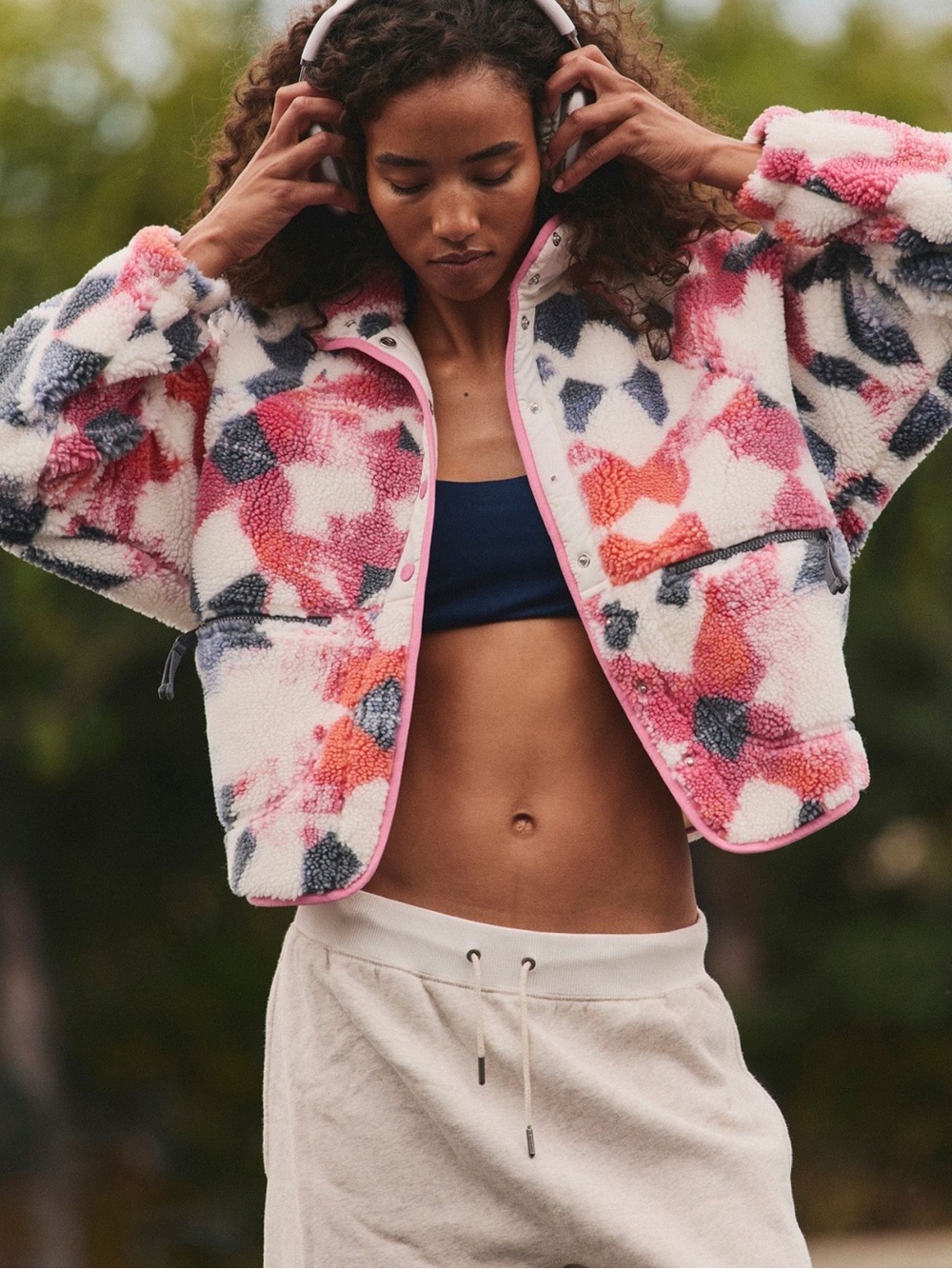 FP Movement Fleece Jacket Snap Front Cropped Sherpa Pink Blue Ivory XS NWT